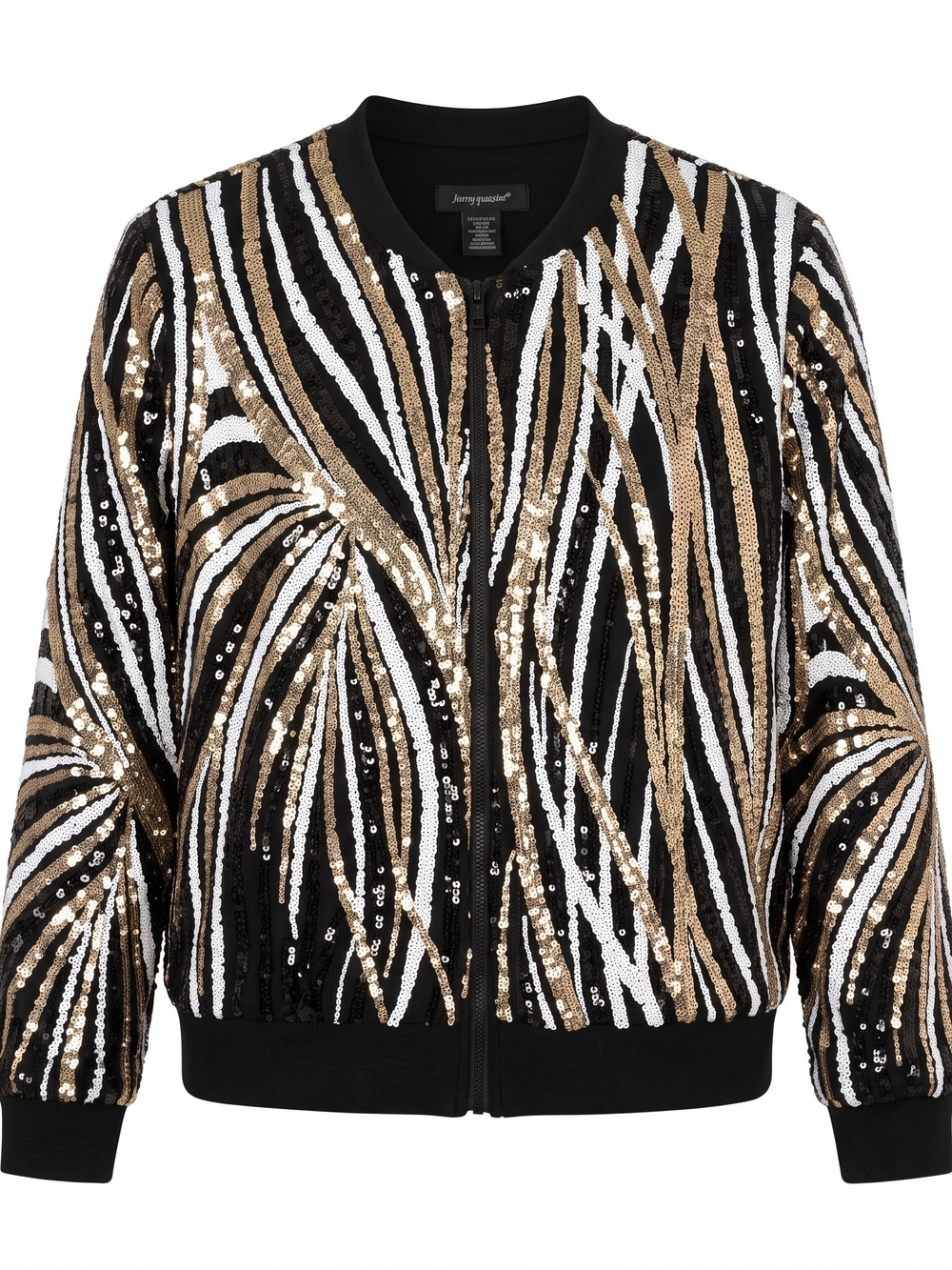 Ashley Stewart Black Sequin Bomber Jacket with Gold & Silver Stripes Plus 22/24 - Picture 2 of 9